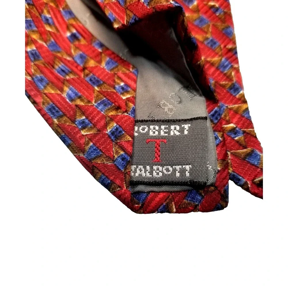 Robert‎ Talbott Red Geometric Foulard Print Blue Brown Pointed Tie USA
